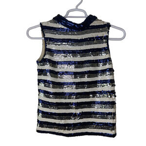 Vintage Sequin Shirt Womens Small Blue‎ Silver Striped Wool Hong Kong 60s